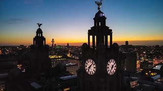 Liver birds at sunrise - full screen drone clip