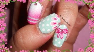 Cute bows,flowers,stripes & dots on Tiffany nails - tutorial nail art fiocco fiori e pois semplice