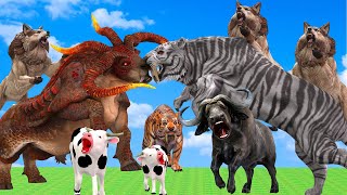 Giant White Wolf Attacks Tiger Chase Cow Cartoon Buffalo Gorilla Saved By Woolly Mammoth Elephant