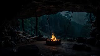 Rain in Front of the Lakeside Cave 🌦️ Rainy Day and Bonfire for Restful Sleep & Relaxation