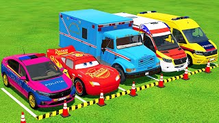 MCQUEEN, DACIA, VOLKSWAGEN POLICE CARS & MERCEDES, FORD AMBULANCE VEHICLES TRANSPORTING ! FS25