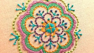 Round hand embroidery pattern with multiple stitches