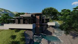 Realistic render of a Mountain Villa Poetically Framed by a Natural Waterfall |  | lumion | 4k