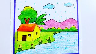 Rainy season drawing/rainy day drawing/how to draw rainy day easy steps/rainy day scenery drawing