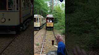 111 Jahre Straßenbahn Woltersdorf: Potsdamer Tw 9, Tw 218 und Tw 2 im Kontrollpunkt im Wald