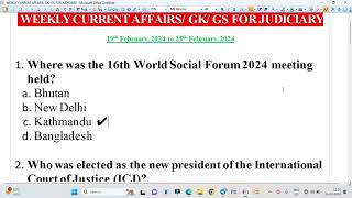 WEEKLY CURRENT AFFAIRS/GK/GS FOR JUDICIARY || 19-02-2024 to 25-02-2024 || LAW EXPLORER