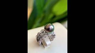 10-11mm Tahitian green pearl ring in 18k gold & diamonds