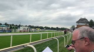 Nashwa and Hollie Doyle canter in front of the stands before finishing 2nd in the 2023 Juddmonte