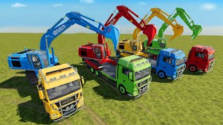 JCB and Trucks of Colors | Transporting Excavators to Jobs on the Farm | JCB Game Simulator