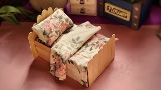 How to make Popsicle stick bed/doll house furniture/miniature bed/DIY crafts fun/school projects