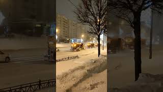 Night snow removal with special vehicles after heavy snowfall