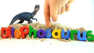 How to spell Dilophosaurus - Dinosaur and letters buried in sand - Learn letters of the alphabet