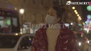 Caucasian Girl Takes a Winter Stroll Through the City | Red Puffer Jacket | By FauxJacket