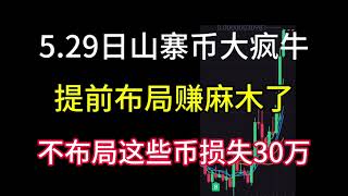 5.29日山寨币大疯牛来了！赚麻木了！这些币不布局将损失30多万！