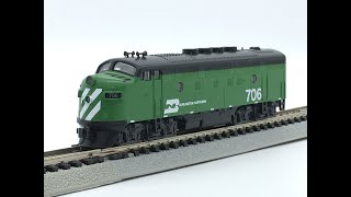 Kato N Scale Burlington Northern EMD F3 Diesel Locomotive Demo