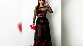 EMBROIDERED RED ROSE SEE THROUGH PROM MAXI DRESSES #partywear #partydress