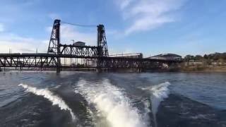 Scenic boat cruising along the Willamette river in Portland, Oregon