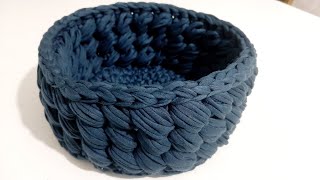 жіптен тоқылған себет. корзинка из трикотажной пряжи крючком. crochet basket.