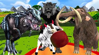 Dinosaur vs Big Bull Fight Maze Run Death Run Wild Animal Fight Cow Cartoon Saved By Woolly Mammoth