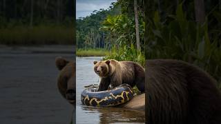 Bear vs big snake python diving in river water 🐻🐍#animals ##shorts