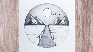 Mountain and River landscape drawing || beautiful moonlight drawing in circle || circle drawing