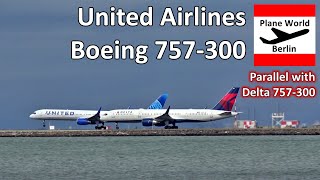 United Airlines Boeing 757-300 landing and parallel Delta Air Lines 757-300 takeoff at San Francisco