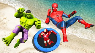 GTA 5 Spiderman vs Hulk vs Iron Man Trampoline Jumps and Fails #2 (Ragdolls/Euphoria Physics)