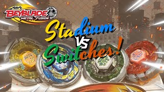 Stadium Switch Rematches! Team Battle: Storm Pegasus & Flame Sagittario vs. Rock Leone & Dark Bull!