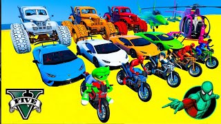 SPIDERMAN CARS Monster Trucks MEGA Ramp Challenge ! SUPERHERO DISNEY MACK Truck EPIC Race - GTA V