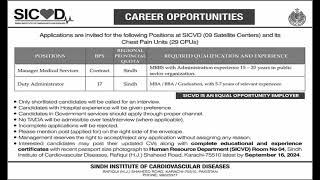 Sindh Institute of Cardiovascular Diseases Jobs September 2024 SICVD Duty Administrators & Manager