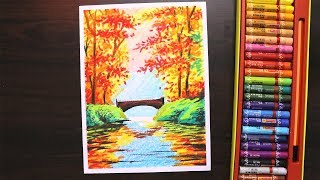 Oil pastel drawing for beginners | Autumn season scenery drawing for beginners with oil pastel