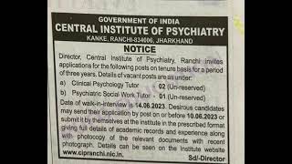 @# vacancy central institute  of psychiatry  # last date 10-6-2023 interview - 14-6-2023