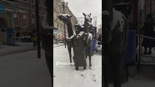 Konka - a prototype of a tram, a horse-drawn carriage. Leningrad near Vasileostrovskaya station