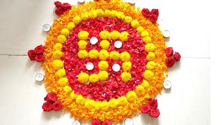 చామంతి పుాలతో రంగవల్లి Flowers Rangoli Festival Decoration #shorts #easycreativecrafts #rangoli