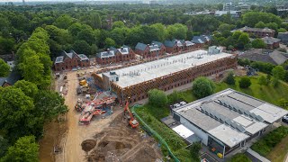 Aerial video of Pritchatts Park Village construction site for Equans  in Birmingham 26 June 2023