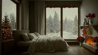 Cozy Christmas Ambience | Watch snow fall from comfy Bed, Crackling Fireplace, winter sounds