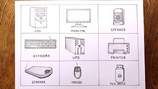 Easy computer parts drawing/How to draw computer parts for beginners