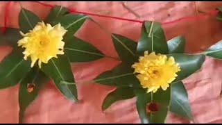 மாவிலை தோரணம் கட்டுவது எப்படி/how to make mango leaves thoranam at home#veryeasywaymangoleafthoranam