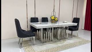 Elegant Marble Dining Table and Chairs with Silver Stainless Steel Frame