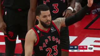 Fred VanVleet shows off his handle as he dribbles through all the Nuggets