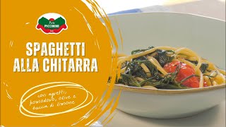 Spaghetti alla chitarra con agretti, pomodorini al profumo di limone