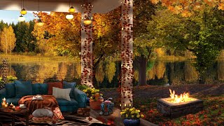 Fall Ambience | Cozy  Lakeside Porch and Forest Ambience | Relaxing Campfire &  Crunching Leaves