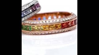 Handmade Rainbow Colorful Princess&Round Cut Sterling Silver Wedding Band Ring