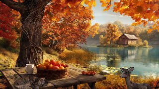 Peaceful Autumn Lakeside Scene | Cozy Cabin, Wildlife, and Golden Fall Foliage