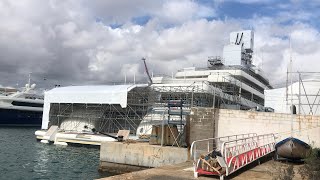 Eclipse super yacht of Roman Abramovich exclusive video during refit preparations 2021 Barcelona .