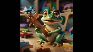 Frog crying holding a wooden toy