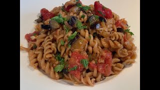 Whole wheat pasta with eggplant in tomato sauce