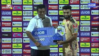 IOB Presenting the Most Dependable Player of the Match Award post the SS vs CSG match of TNPL 2024