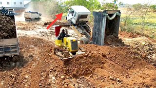 Incredible Dump Truck Fly Back Unloading Soil & Bulldozers Pushing Soil To Filling Land