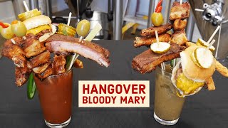 Hangover Bloody Mary Cocktail Topped with Ribs - Wings - Fried Pork Belly